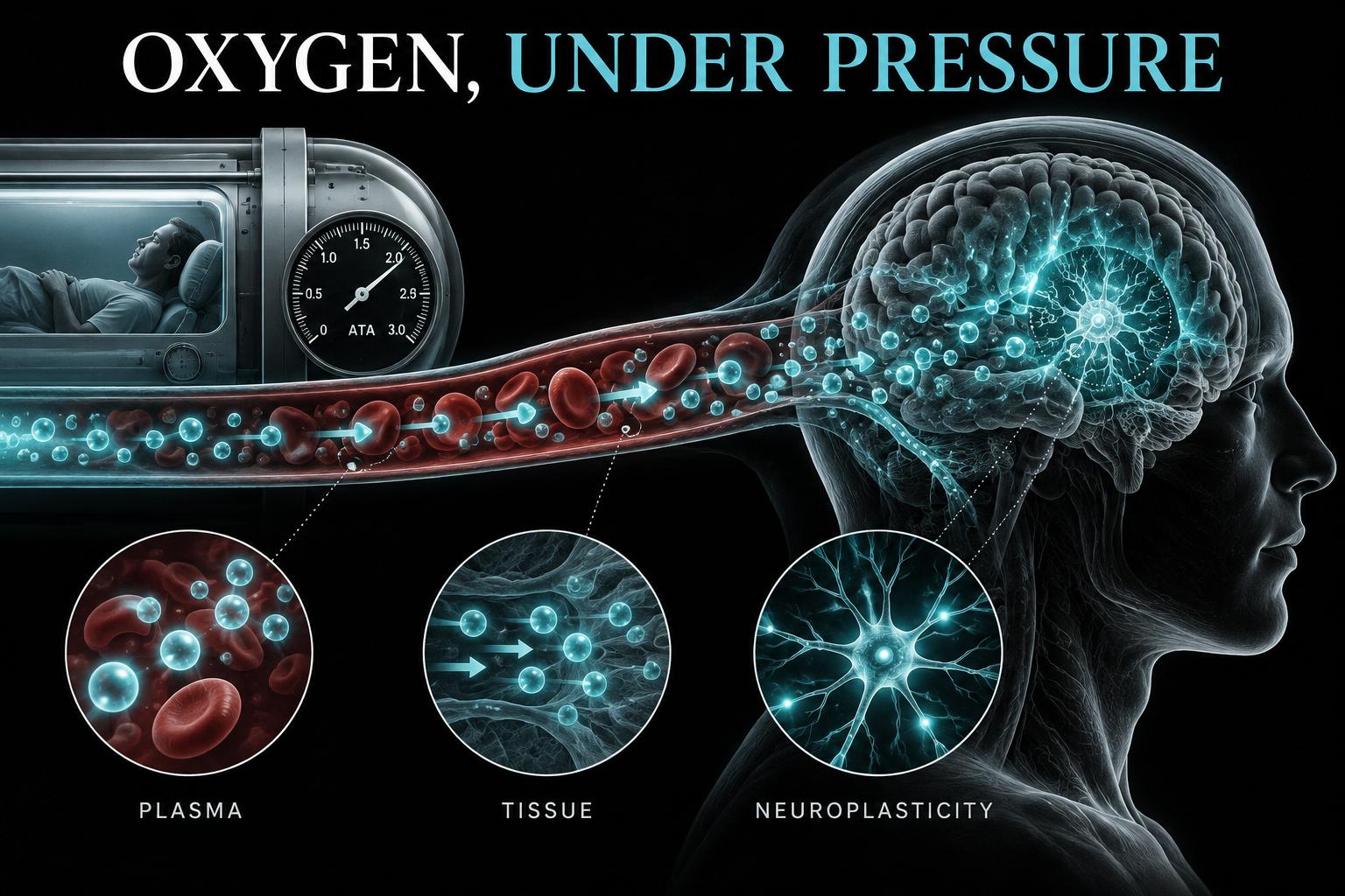 A clinical illustration showing pressurized oxygen moving through blood plasma toward brain tissue and neural pathways.