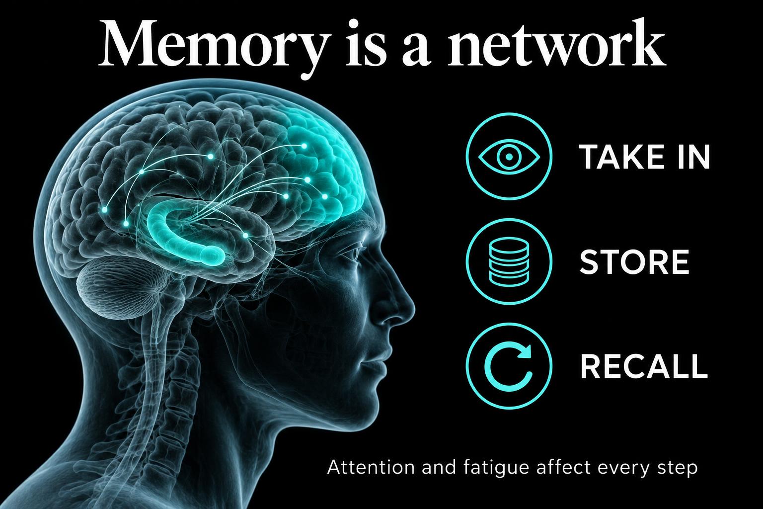 Conceptual brain network illustration showing the stages of taking in, storing, and recalling information.