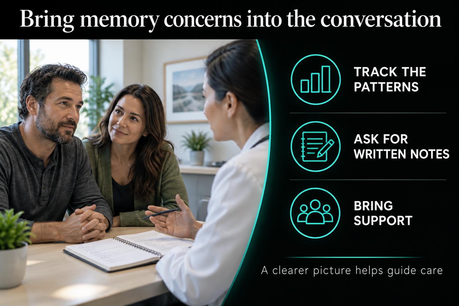 A survivor and support person discussing a written symptom log with a clinician.