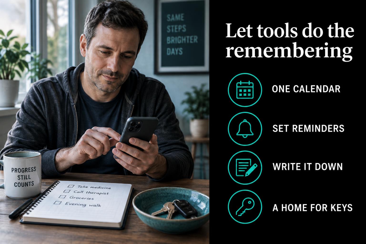 An adult using a phone reminder and notebook, with keys kept in a designated bowl.