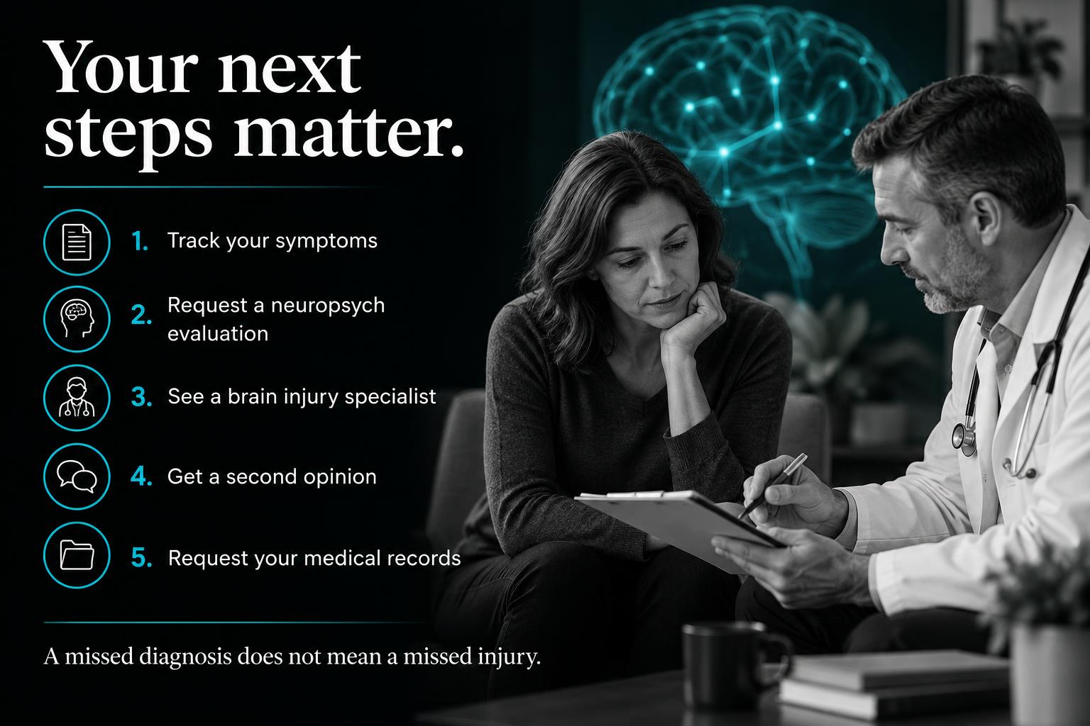 A patient reviewing a five-step brain injury follow-up plan with a clinician.