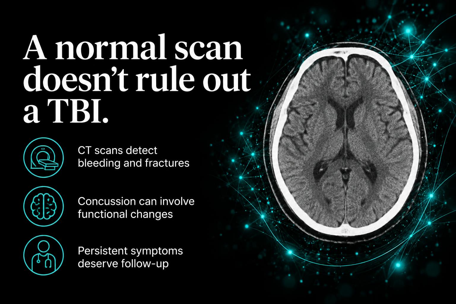 A brain CT scan beside an explanation that normal structural imaging does not rule out a traumatic brain injury.