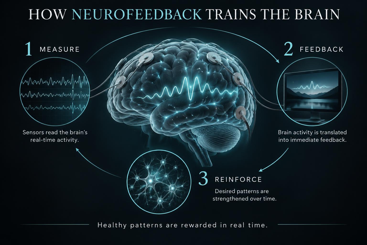 Diagram showing how neurofeedback measures brain activity, provides real-time feedback, and reinforces desired patterns.