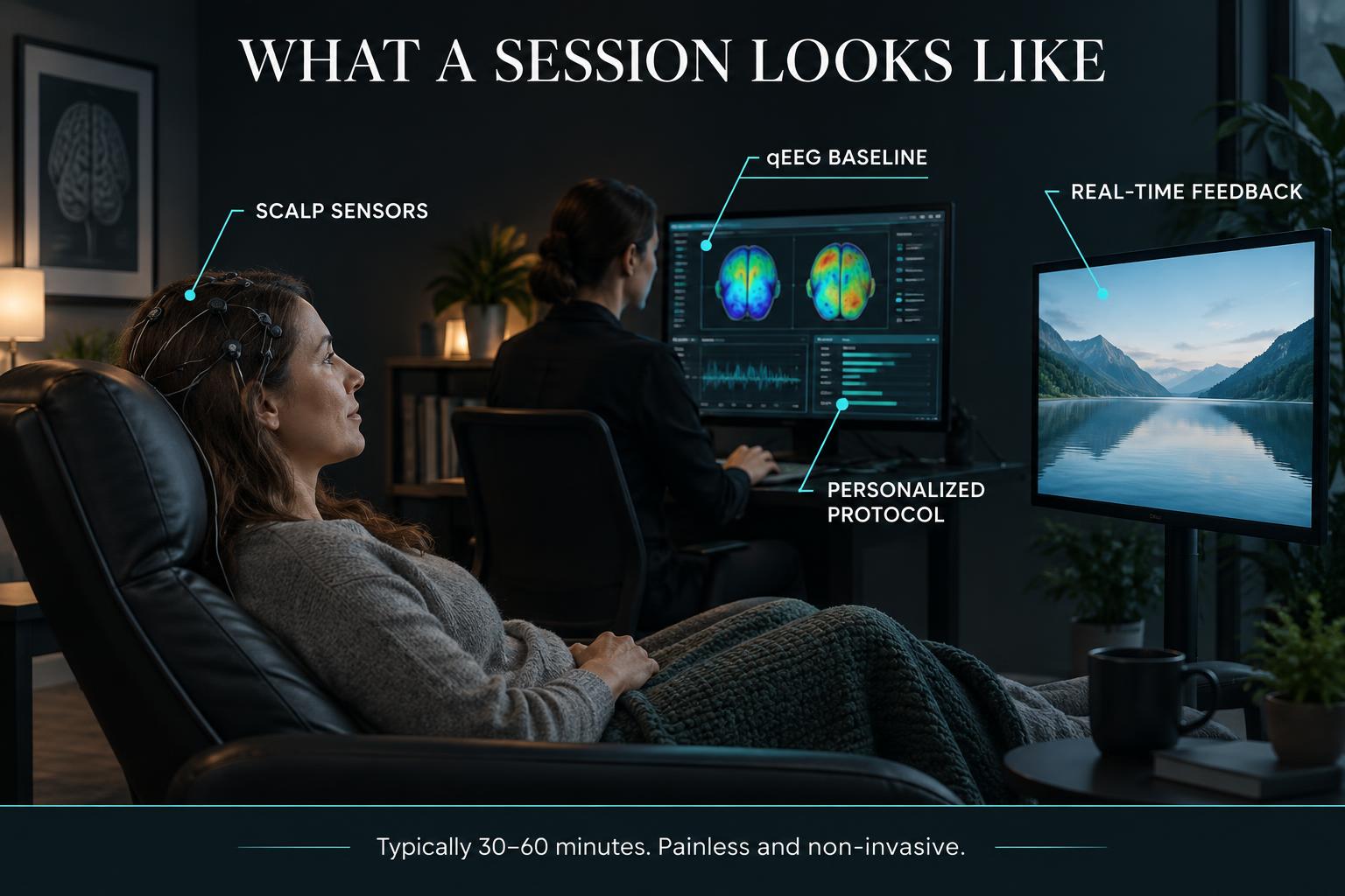 A patient wearing EEG scalp sensors during a quiet neurofeedback session while a technician monitors a personalized brain map.