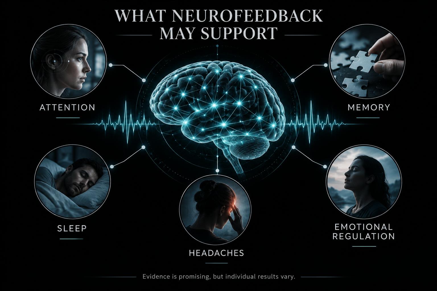 Brain illustration surrounded by attention, memory, sleep, headache, and emotional regulation callouts.