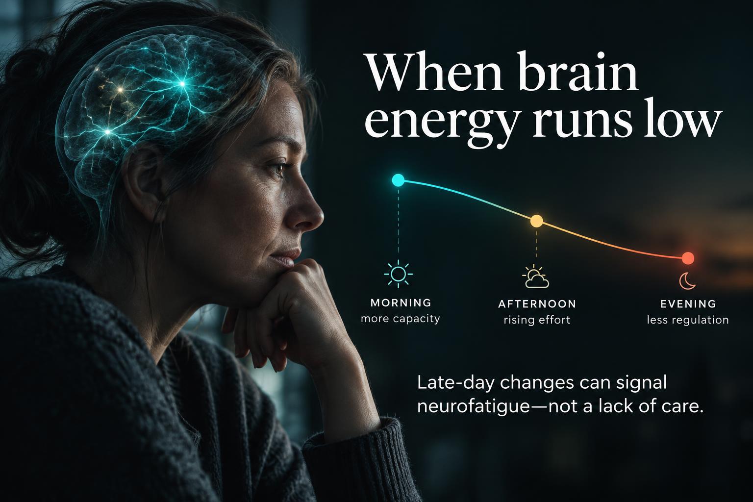 A person experiencing neurofatigue beside a morning-to-evening curve showing declining mental energy.