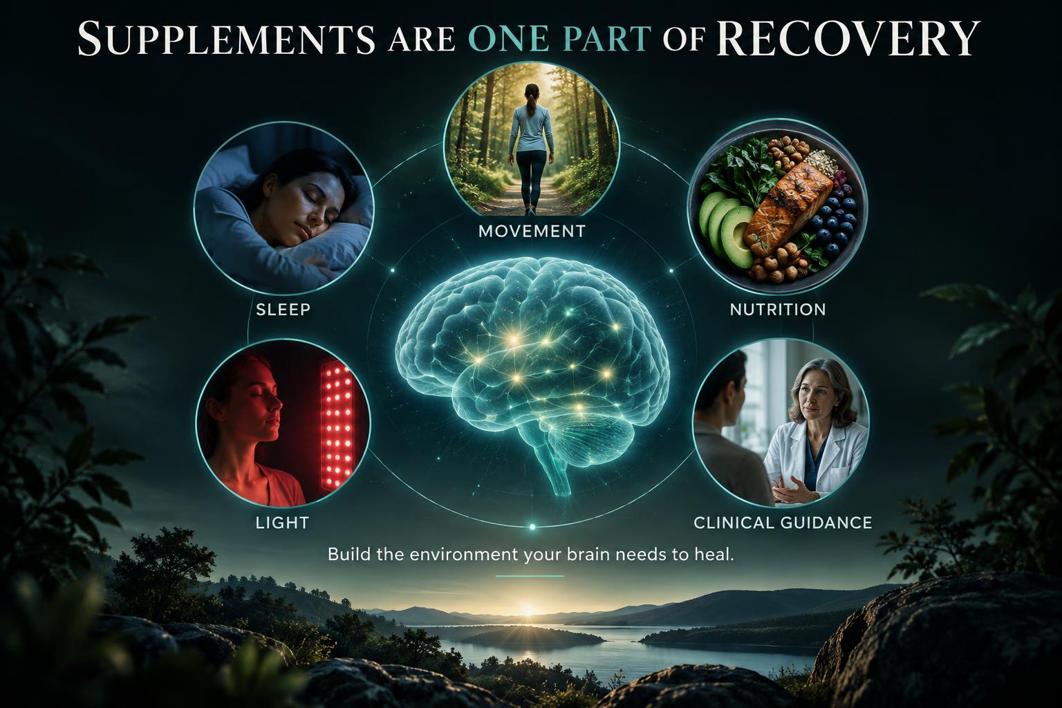 A glowing brain connected to sleep, movement, nutrition, light therapy, and clinical guidance as parts of a broader recovery plan.