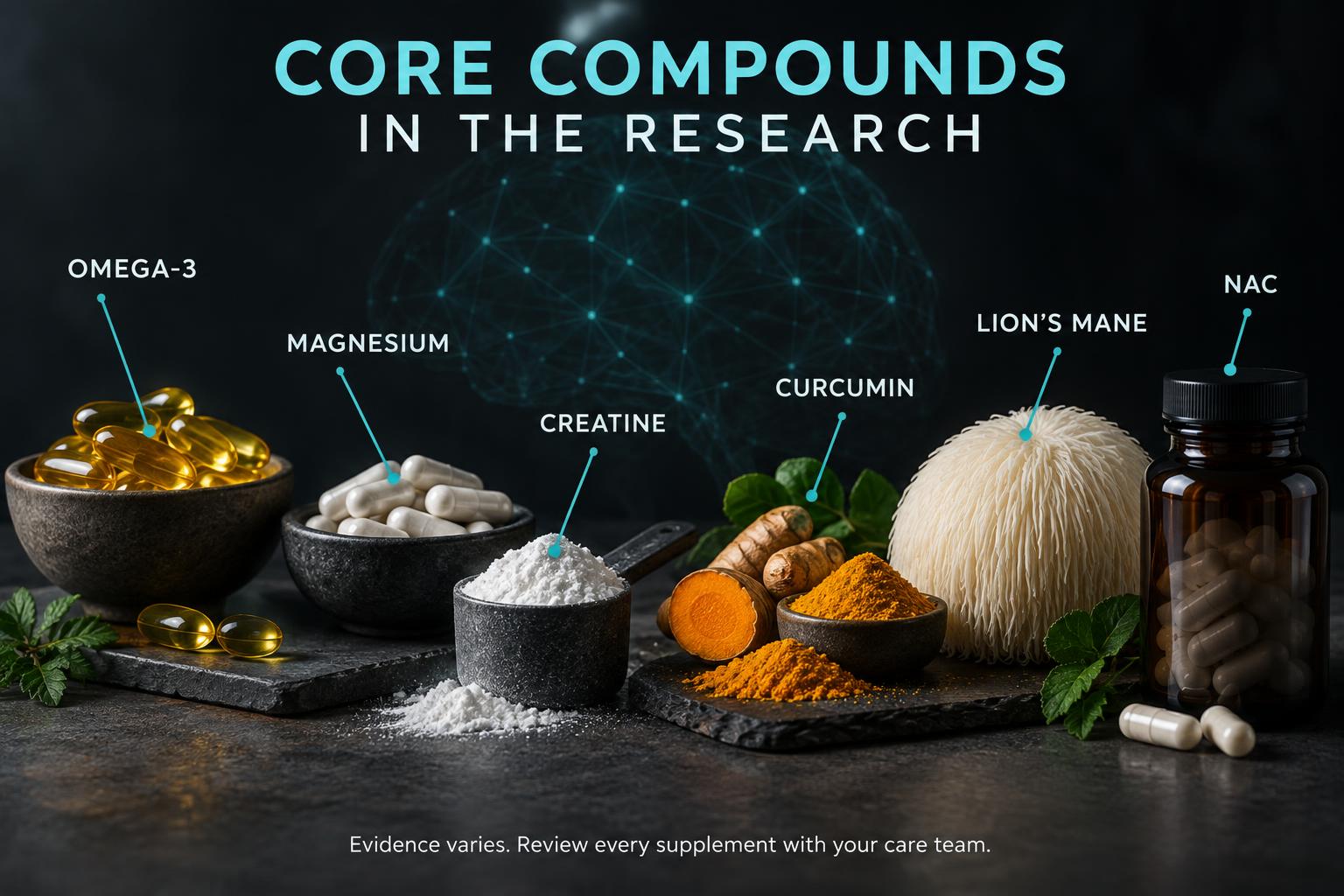 Still life identifying omega-3, magnesium, creatine, curcumin, Lion's Mane, and NAC as compounds discussed in TBI research.