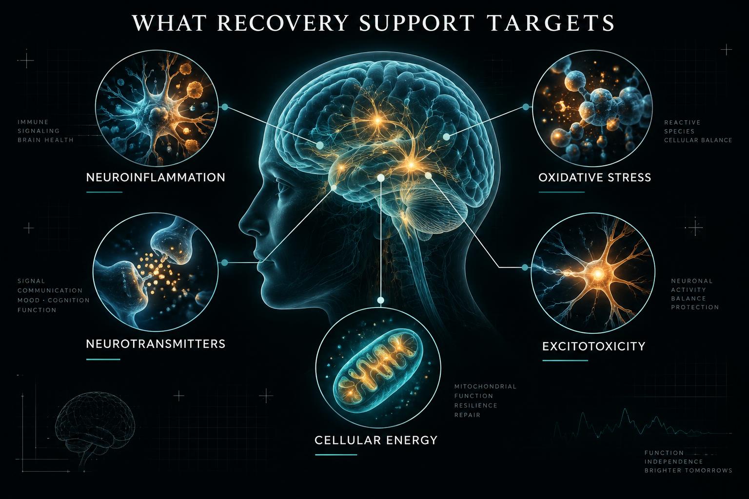 Medical illustration mapping neuroinflammation, oxidative stress, excitotoxicity, cellular energy, and neurotransmitters around the brain.